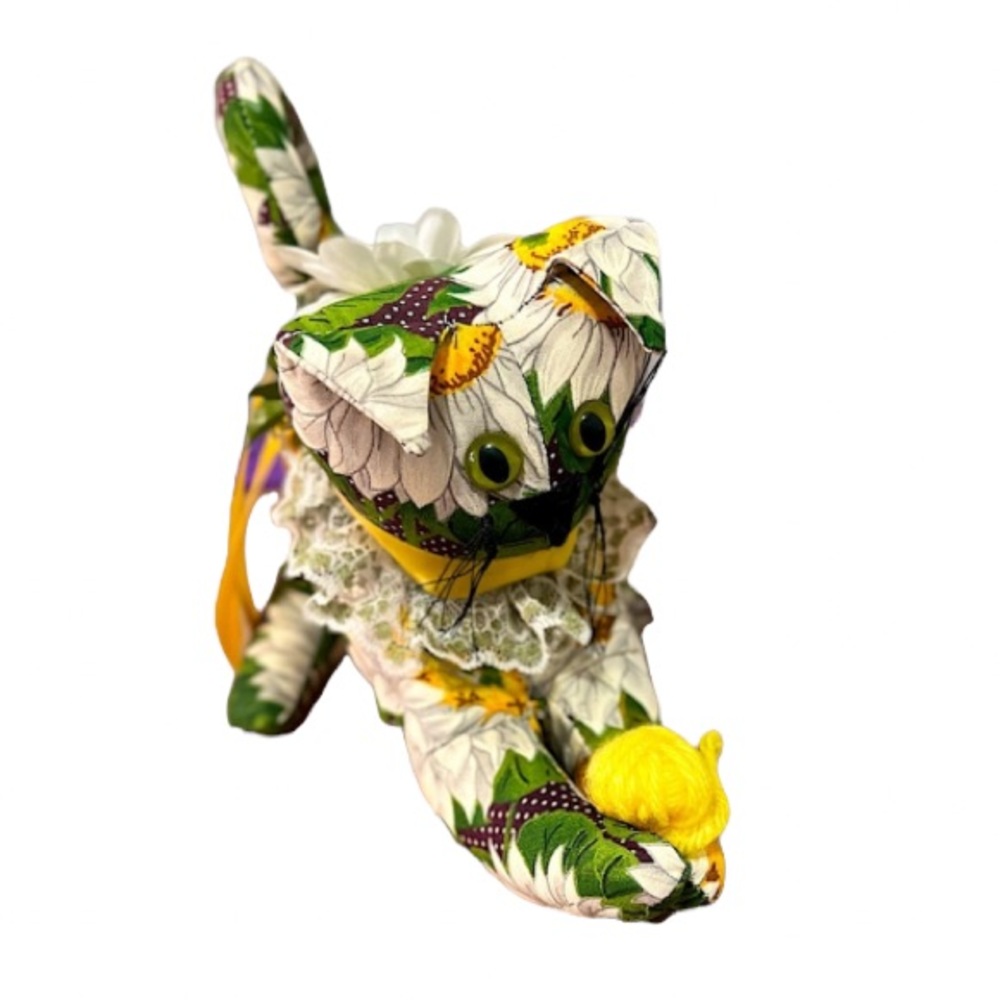 Vintage Fabric Cat Doll with Yarn Ball Handmade Style Daisy Floral Kitten Decor